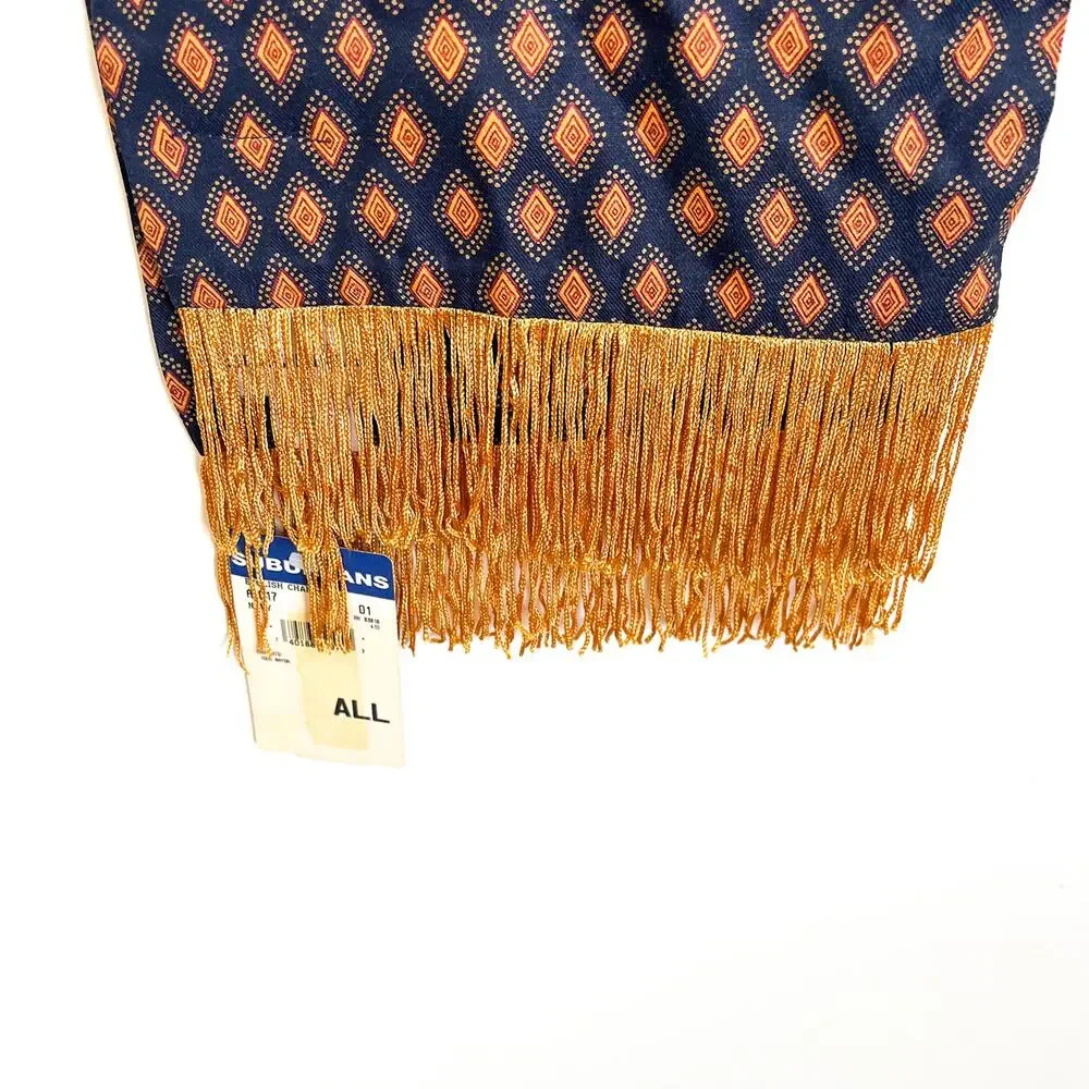 Suburbans Vintage English Channel Diamond Print Scarf Blue Gold Fringe‎ USA Made